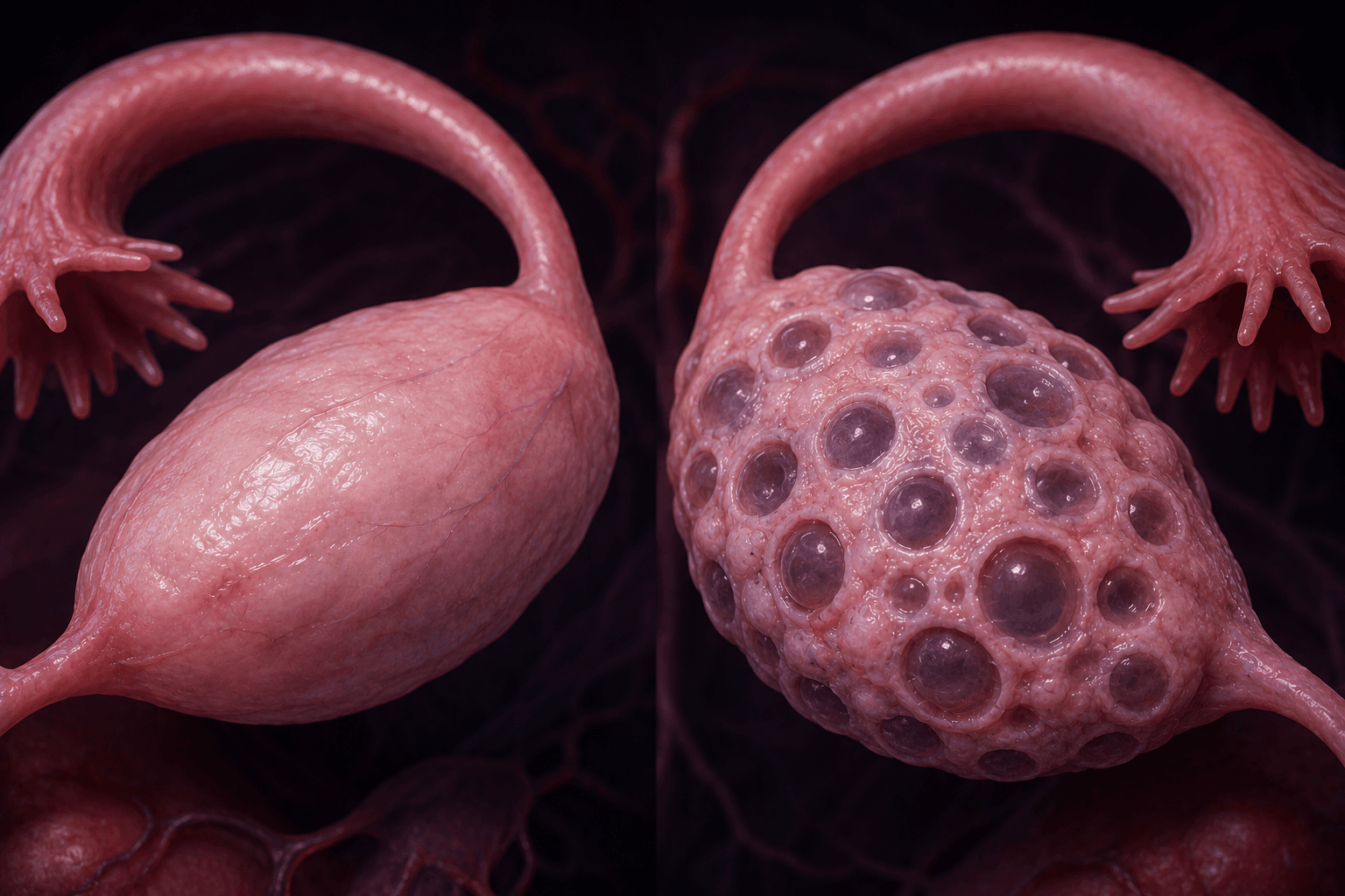 Polycystic ovary anatomical comparison and hormonal system diagram